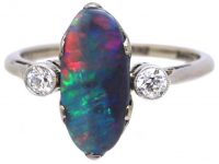Art Deco 18ct White Gold & Platinum, Black Opal & Diamond Ring