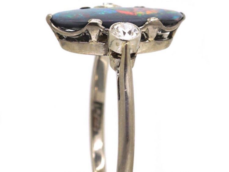 Art Deco 18ct White Gold & Platinum, Black Opal & Diamond Ring