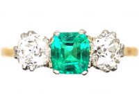 Art Deco 18ct Gold, Emerald & Diamond Three Stone Ring