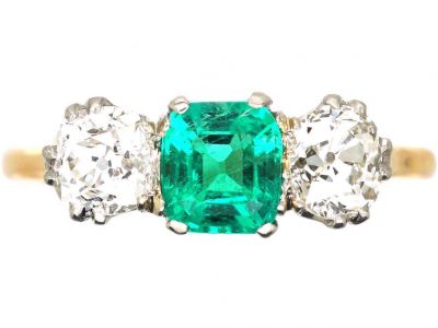 Art Deco 18ct Gold, Emerald & Diamond Three Stone Ring
