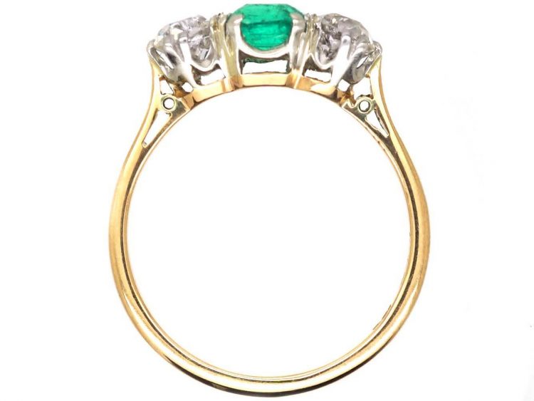 Art Deco 18ct Gold, Emerald & Diamond Three Stone Ring