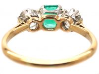 Art Deco 18ct Gold, Emerald & Diamond Three Stone Ring