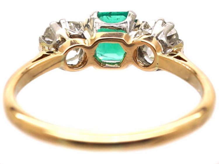 Art Deco 18ct Gold, Emerald & Diamond Three Stone Ring