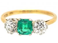 Art Deco 18ct Gold, Emerald & Diamond Three Stone Ring