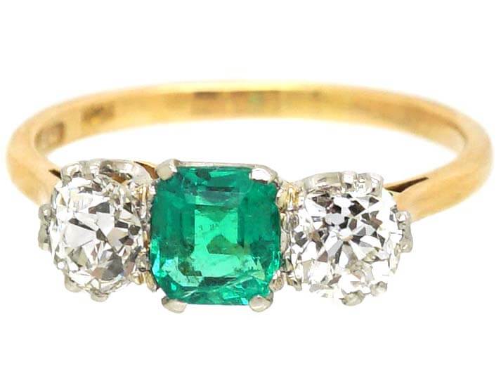 Art Deco 18ct Gold, Emerald & Diamond Three Stone Ring