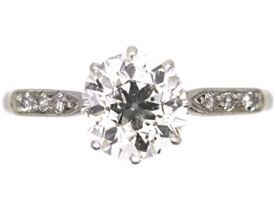 Art Deco Platinum, Solitaire Diamond Ring with Diamond Set Shoulders