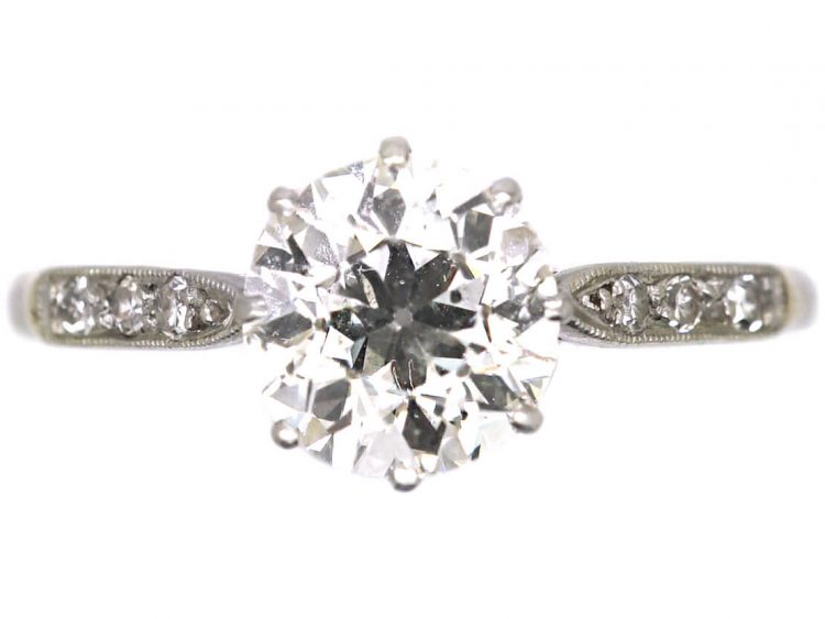 Art Deco Platinum, Solitaire Diamond Ring with Diamond Set Shoulders