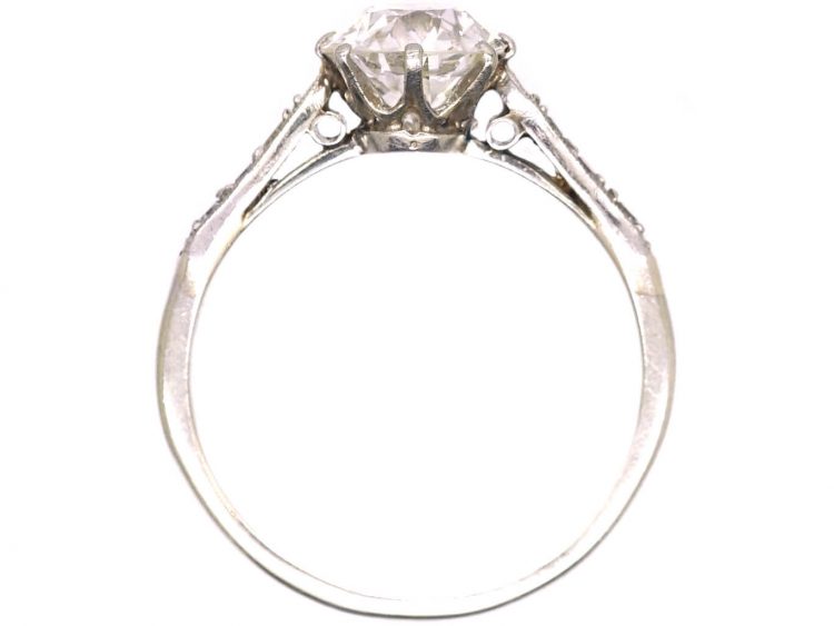 Art Deco Platinum, Solitaire Diamond Ring with Diamond Set Shoulders