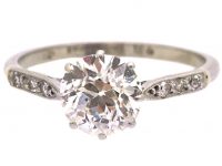 Art Deco Platinum, Solitaire Diamond Ring with Diamond Set Shoulders