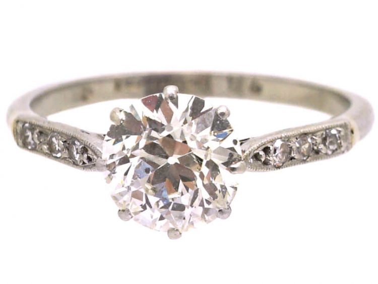 Art Deco Platinum, Solitaire Diamond Ring with Diamond Set Shoulders