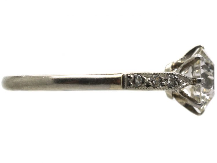 Art Deco Platinum, Solitaire Diamond Ring with Diamond Set Shoulders