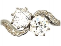 Edwardian Platinum, Two Stone Diamond Crossover Ring with Diamond Set Shoulders
