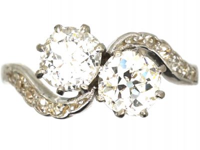 Edwardian Platinum, Two Stone Diamond Crossover Ring with Diamond Set Shoulders