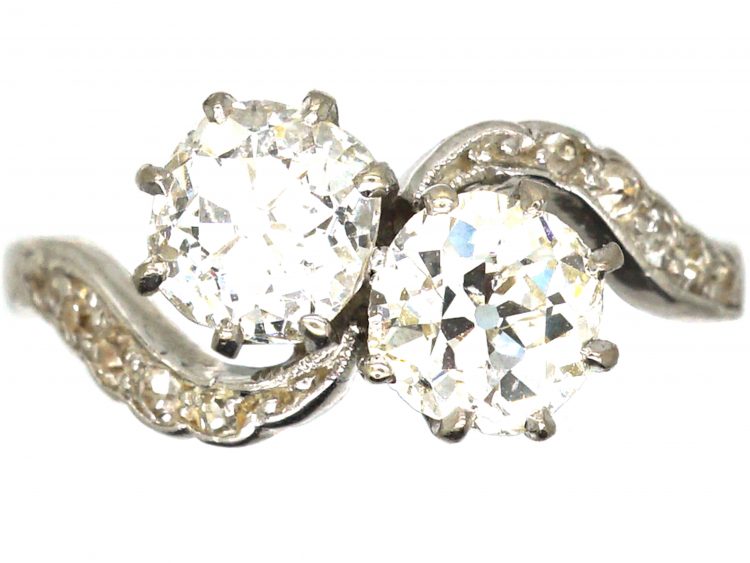 Edwardian Platinum, Two Stone Diamond Crossover Ring with Diamond Set Shoulders