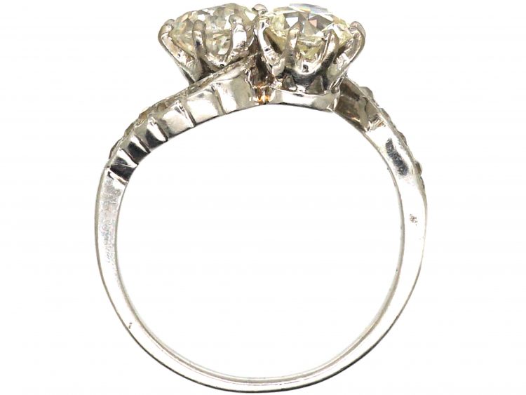 Edwardian Platinum, Two Stone Diamond Crossover Ring with Diamond Set Shoulders