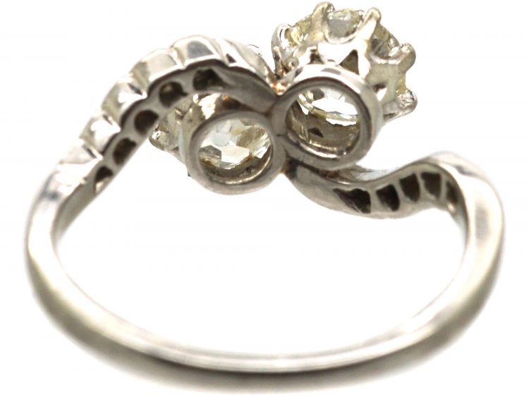 Edwardian Platinum, Two Stone Diamond Crossover Ring with Diamond Set Shoulders