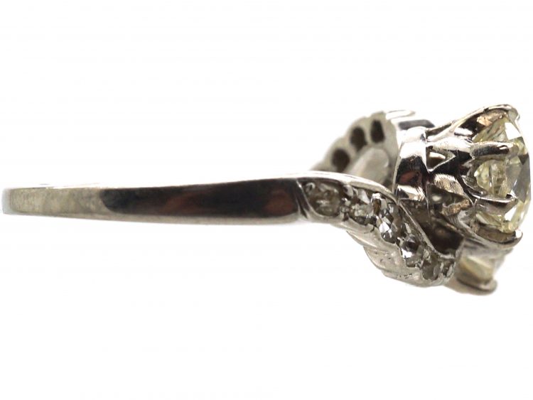 Edwardian Platinum, Two Stone Diamond Crossover Ring with Diamond Set Shoulders