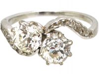 Edwardian Platinum, Two Stone Diamond Crossover Ring with Diamond Set Shoulders