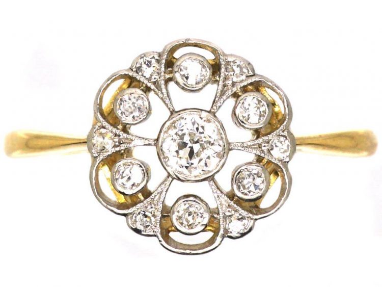 Edwardian 18ct Gold & Platinum, Pierced Diamond Cluster Ring