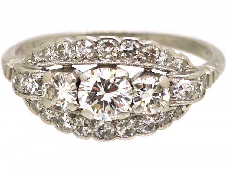 Early 20th Century Platinum, Three Stone Diamond Cluster Ring by Alabaster & Wilson