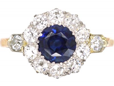 Edwardian 18ct Gold, Sapphire & Diamond Cluster Ring with Diamond Set Shoulders