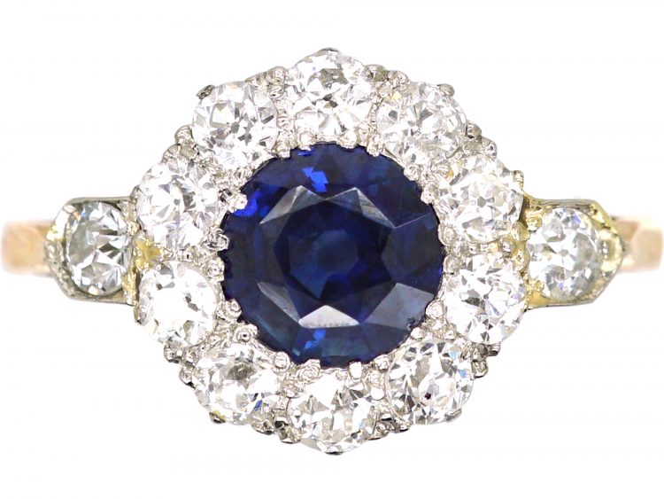 Edwardian 18ct Gold, Sapphire & Diamond Cluster Ring with Diamond Set Shoulders