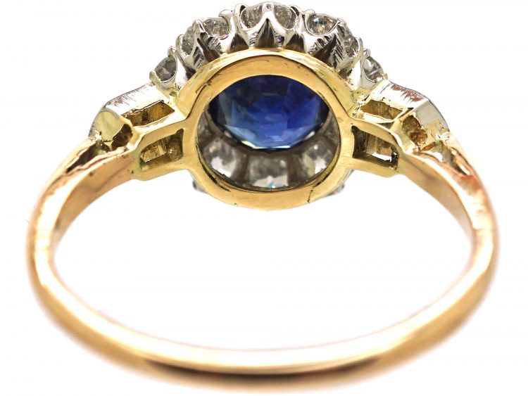 Edwardian 18ct Gold, Sapphire & Diamond Cluster Ring with Diamond Set Shoulders