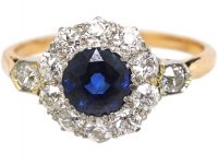 Edwardian 18ct Gold, Sapphire & Diamond Cluster Ring with Diamond Set Shoulders