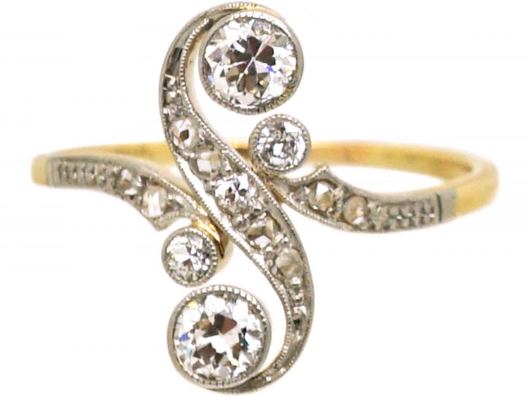 Art Nouveau 14ct Gold & Platinum Twist Ring set with Diamonds