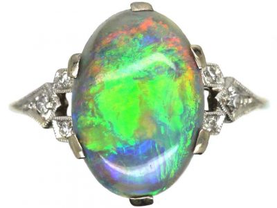 Art Deco 18ct White Gold & Platinum, Black Opal Ring with Diamond Set Shoulders