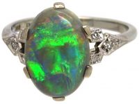 Art Deco 18ct White Gold & Platinum, Black Opal Ring with Diamond Set Shoulders