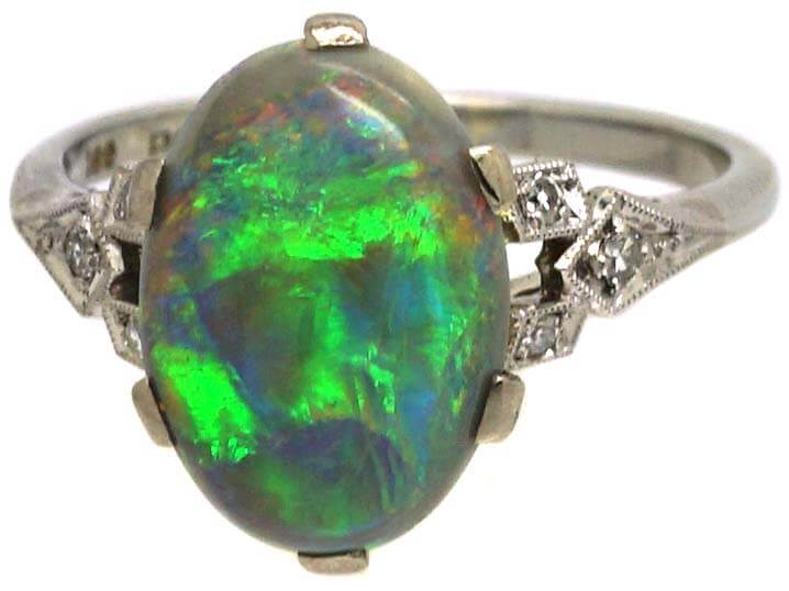 Art Deco 18ct White Gold & Platinum, Black Opal Ring with Diamond Set Shoulders