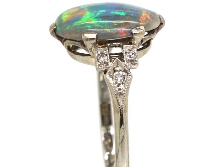 Art Deco 18ct White Gold & Platinum, Black Opal Ring with Diamond Set Shoulders