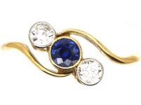 Edwardian 18ct Gold & Platinum, Sapphire & Diamond Crossover Ring