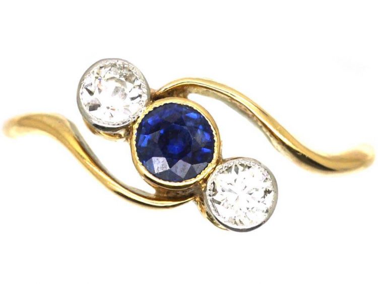 Edwardian 18ct Gold & Platinum, Sapphire & Diamond Crossover Ring