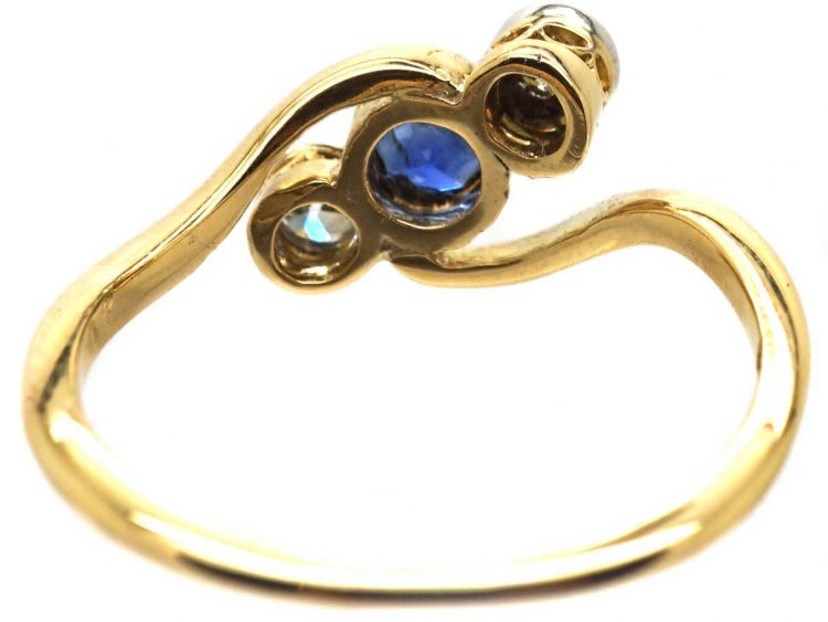 Edwardian 18ct Gold & Platinum, Sapphire & Diamond Crossover Ring