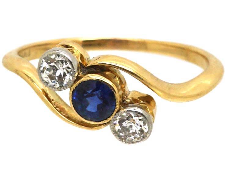 Edwardian 18ct Gold & Platinum, Sapphire & Diamond Crossover Ring