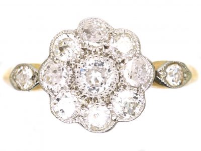 Edwardian 18ct Gold & Platinum Diamond Cluster Ring with Diamond Set Shoulders
