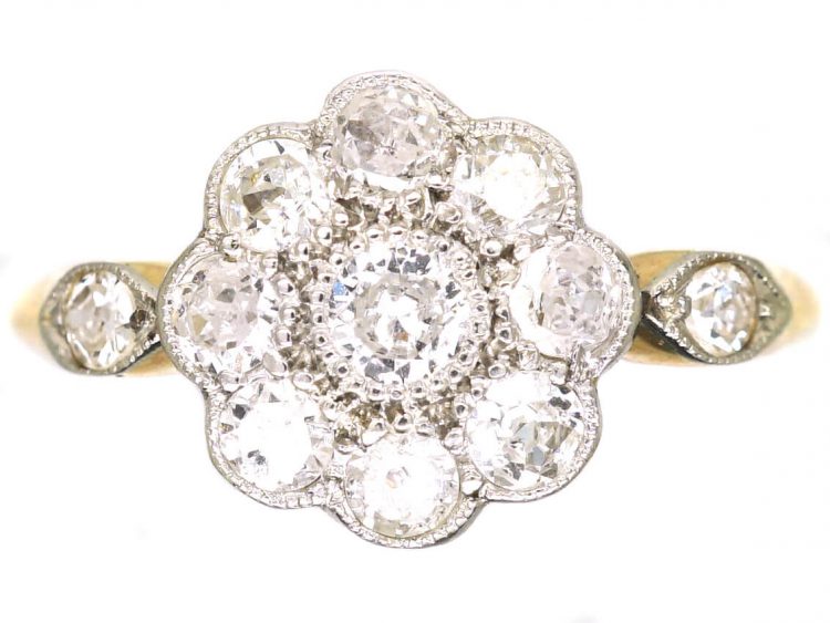 Edwardian 18ct Gold & Platinum Diamond Cluster Ring with Diamond Set Shoulders