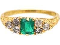 Victorian 18ct Gold Carved Half Hoop Ring set with an Emerald & Diamonds