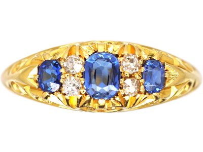 Edwardian 18ct Gold,Three Stone Sapphire & Diamond Carved Half Hoop Ring