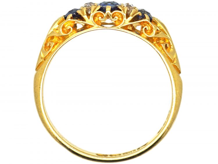 Edwardian 18ct Gold,Three Stone Sapphire & Diamond Carved Half Hoop Ring