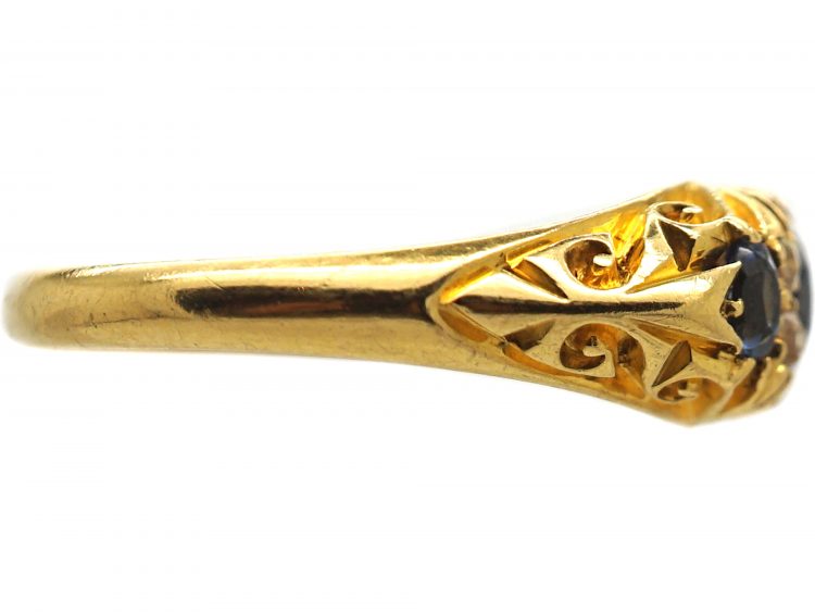 Edwardian 18ct Gold,Three Stone Sapphire & Diamond Carved Half Hoop Ring