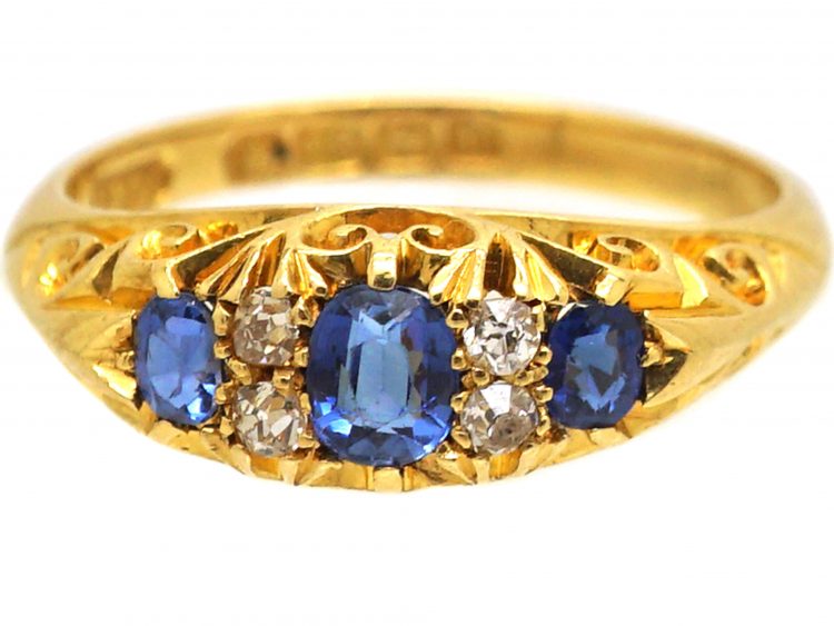 Edwardian 18ct Gold,Three Stone Sapphire & Diamond Carved Half Hoop Ring