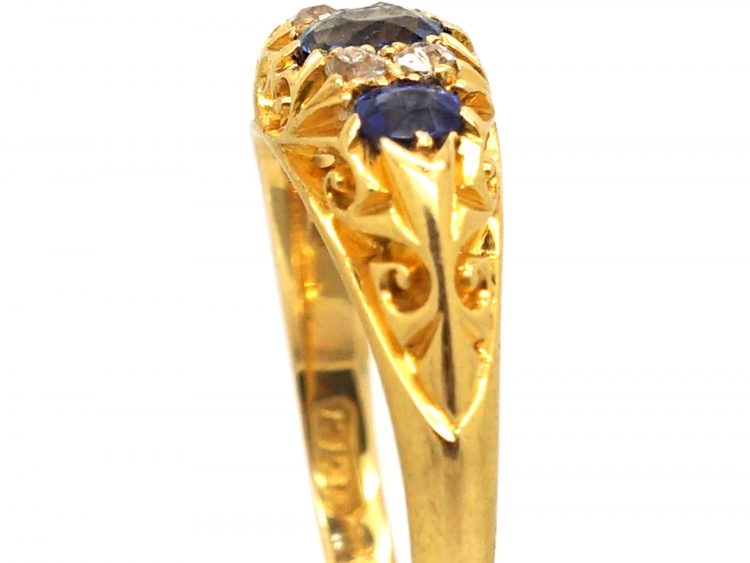 Edwardian 18ct Gold,Three Stone Sapphire & Diamond Carved Half Hoop Ring