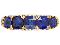 Victorian 18ct Gold Five Stone Sapphire Carved Half Hoop Ring with Rose Diamond Points