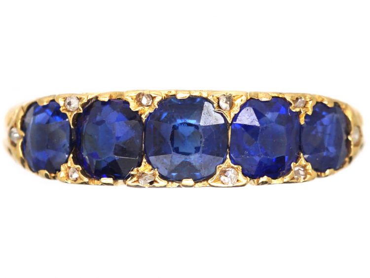 Victorian 18ct Gold Five Stone Sapphire Carved Half Hoop Ring with Rose Diamond Points