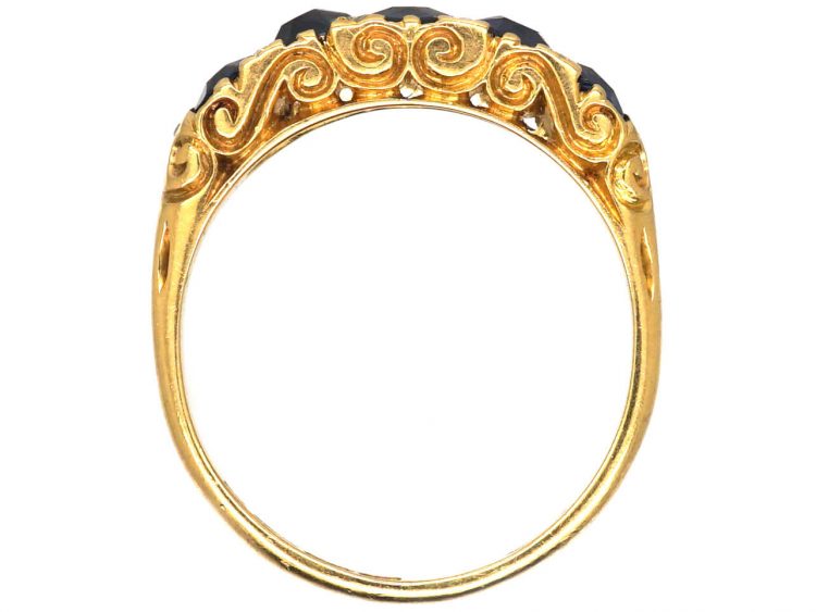 Victorian 18ct Gold Five Stone Sapphire Carved Half Hoop Ring with Rose Diamond Points