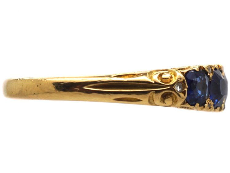 Victorian 18ct Gold Five Stone Sapphire Carved Half Hoop Ring with Rose Diamond Points