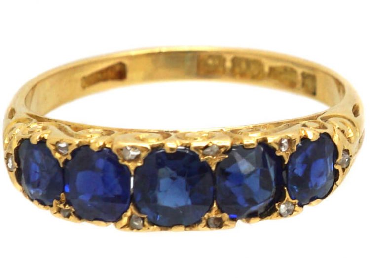 Victorian 18ct Gold Five Stone Sapphire Carved Half Hoop Ring with Rose Diamond Points